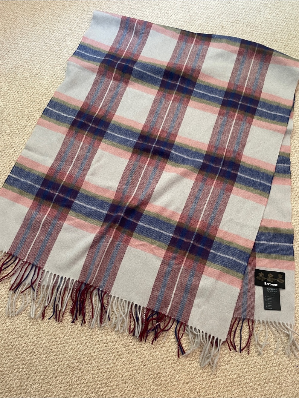 Barbour Pink, Blue & Gray Tartan Wool Scarf
